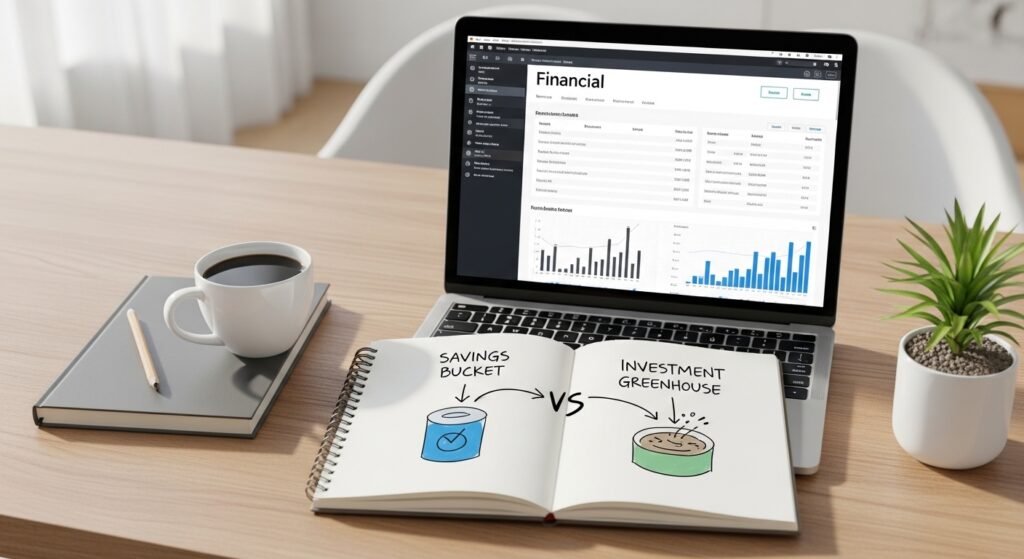 visual metaphor comparing a savings account to an investment account for wealth building