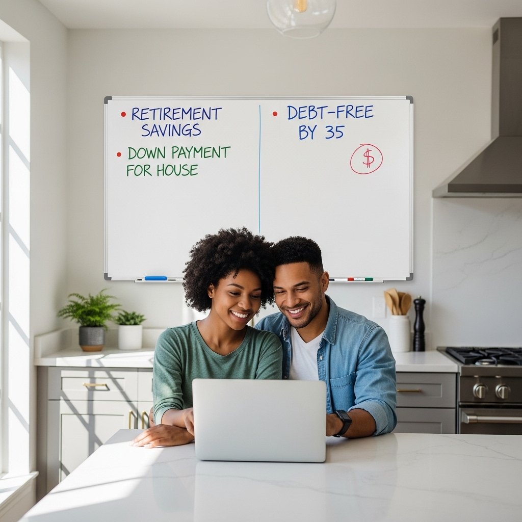 young couple planning retirement savings and long-term investing goals at home in the USA.