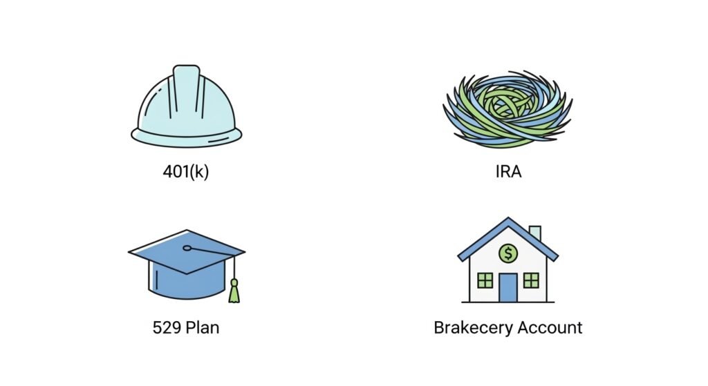 illustration showing different types of investment accounts including 401k IRA and brokerage