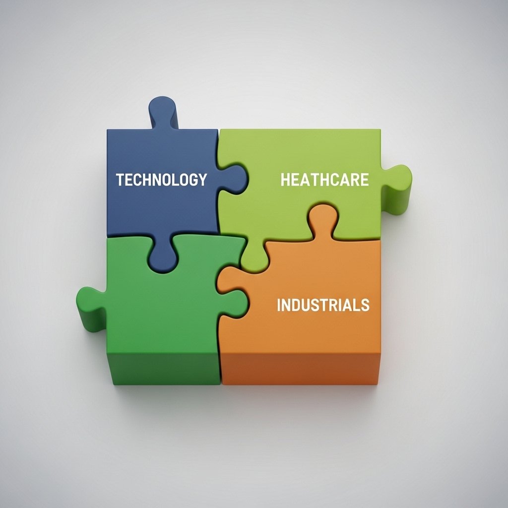 portfolio diversification concept with colorful interlocking puzzle pieces representing different market sectors.