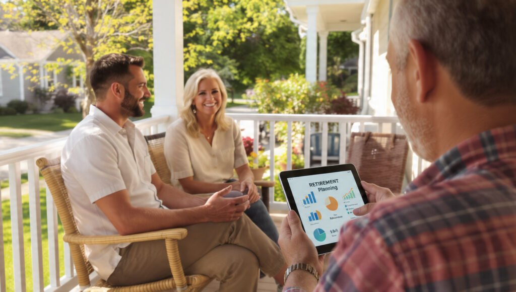 diverse group discussing retirement savings and investing goals