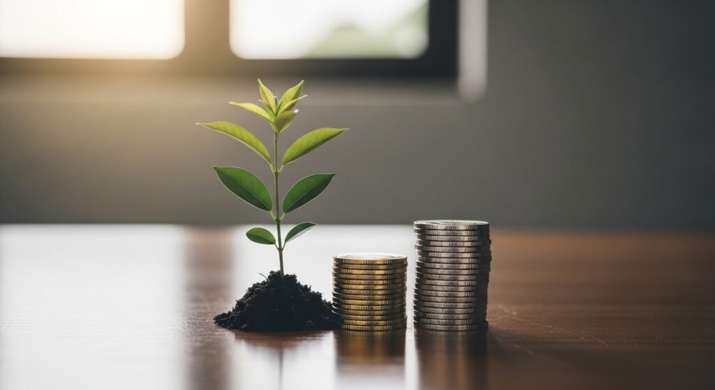small sapling growing next to coins symbolizing compound interest and long-term investing growth