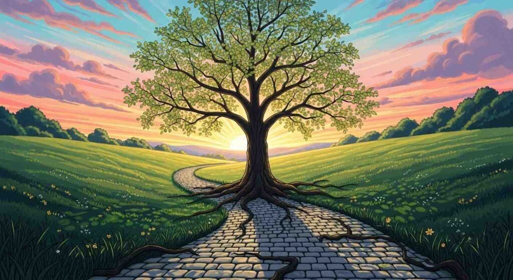 Long-term wealth building journey shown as a tree growing on a path toward the horizon