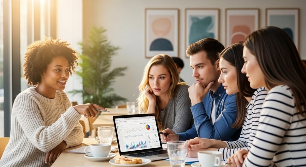 diverse young professionals learning about stocks and shares together in an American coffee shop
Between Stocks and Shares