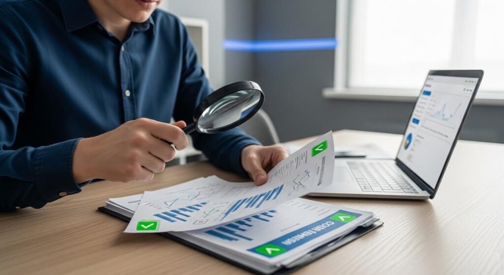 Investor reviewing financial documents with magnifying glass for risk awareness