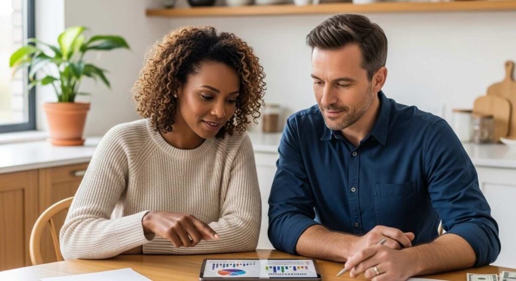 Couple reviewing retirement investment projections on tablet at home kitchen table