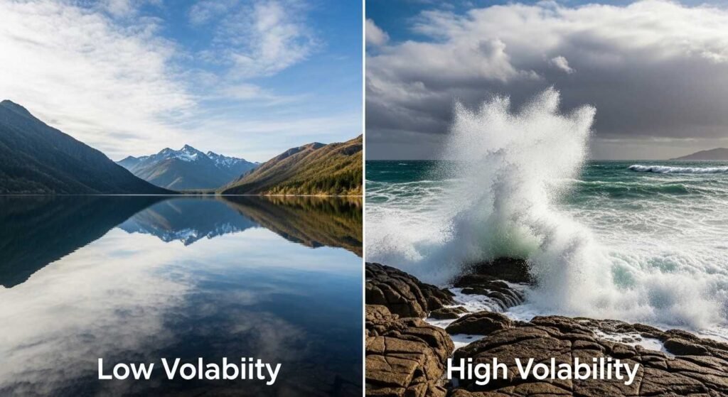 calm lake and rough ocean waves representing low versus high market volatility