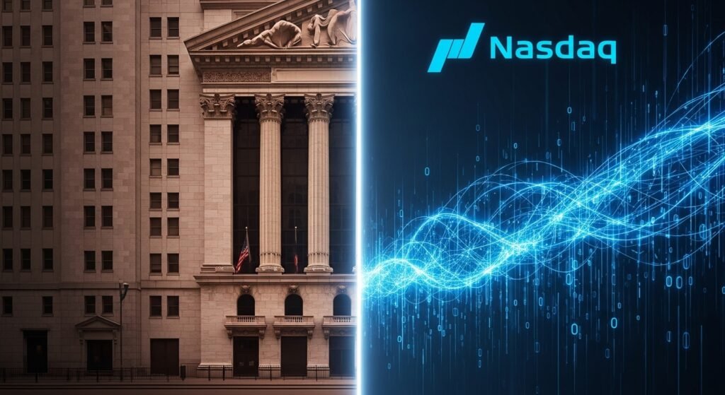  Illustration comparing traditional NYSE building with digital Nasdaq data stream.
