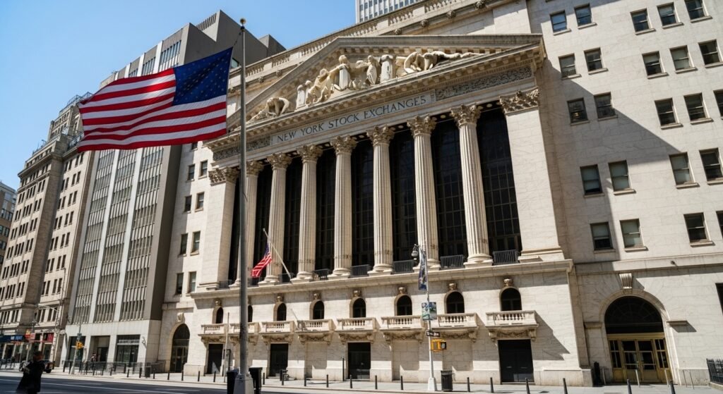 exterior of the New York Stock Exchange building on Wall Street in New York City.