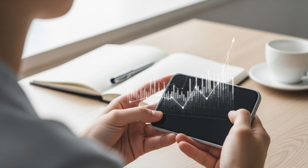 young investor using smartphone to track investments with notebook and coffee on desk