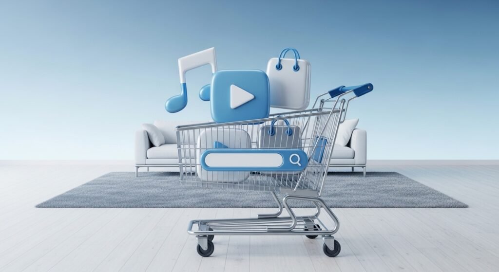  Shopping cart containing tech app icons representing the Nasdaq index basket of stocks.