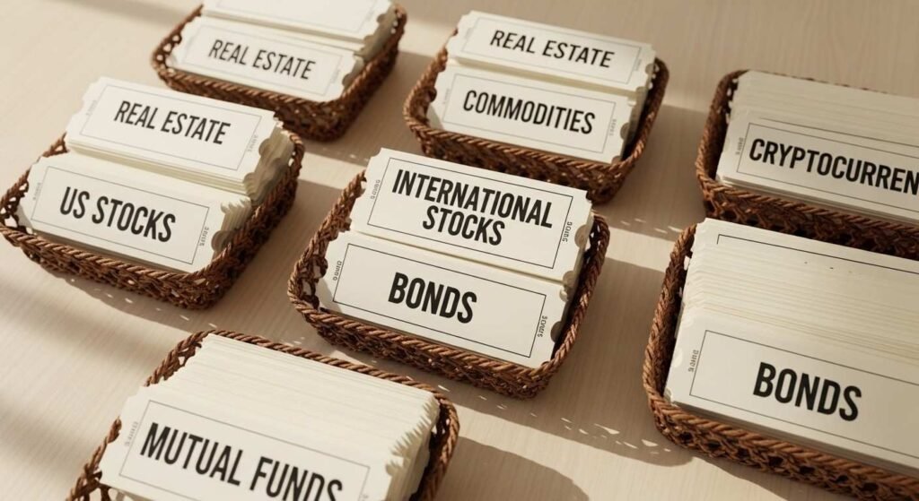 diversified investment portfolio with baskets for US stocks international stocks and bonds