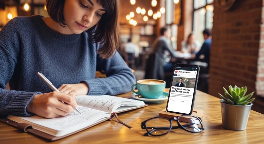 woman researching company business model and news in coffee shop