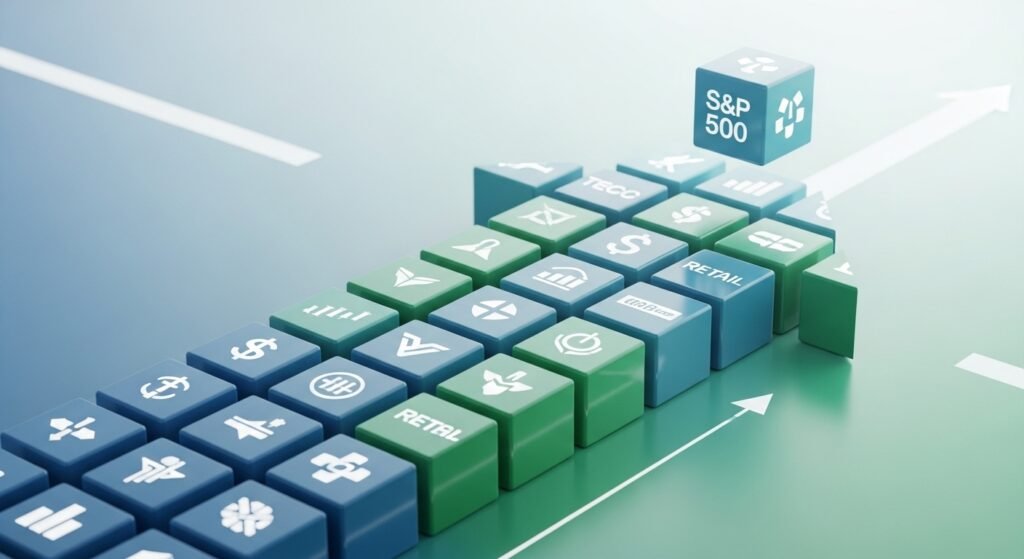 3D abstract visualization of the S&P 500 index representing diverse US stocks.