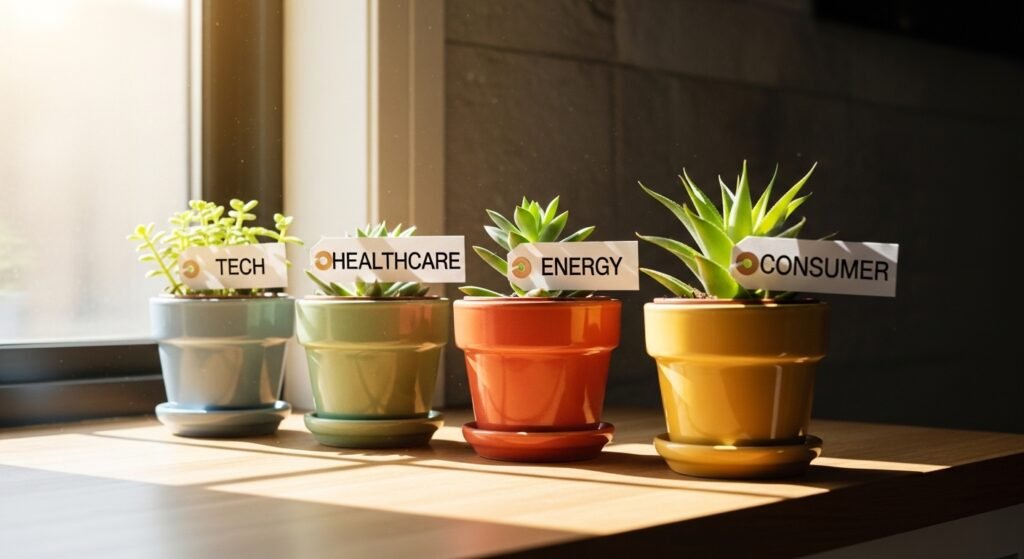 diversification concept showing different stock market sectors as potted plants for beginner investors