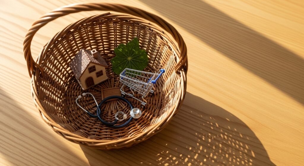 flat lay of a basket containing icons representing real estate, healthcare, and consumer goods for diversification.