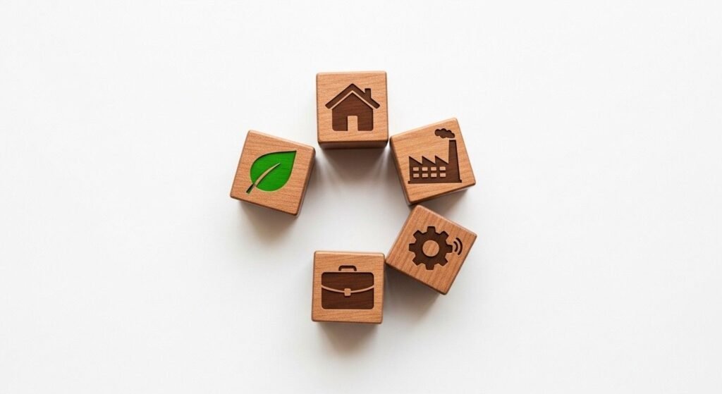 Wooden blocks with icons representing diversified investment portfolio for beginners