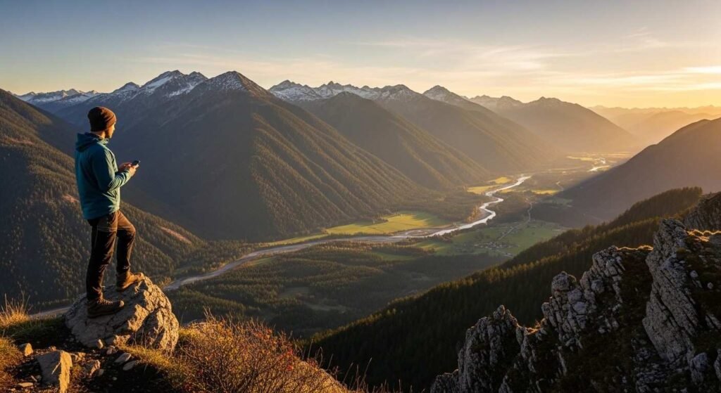person looking at mountain view representing long-term investing strategy and patience