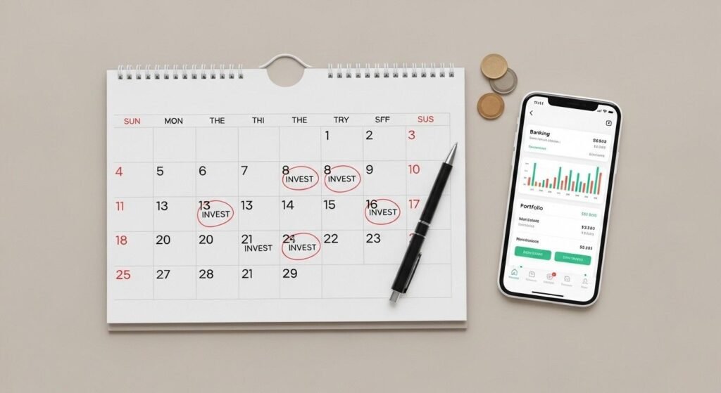 Calendar marked with monthly investment dates and smartphone representing consistent savings habit