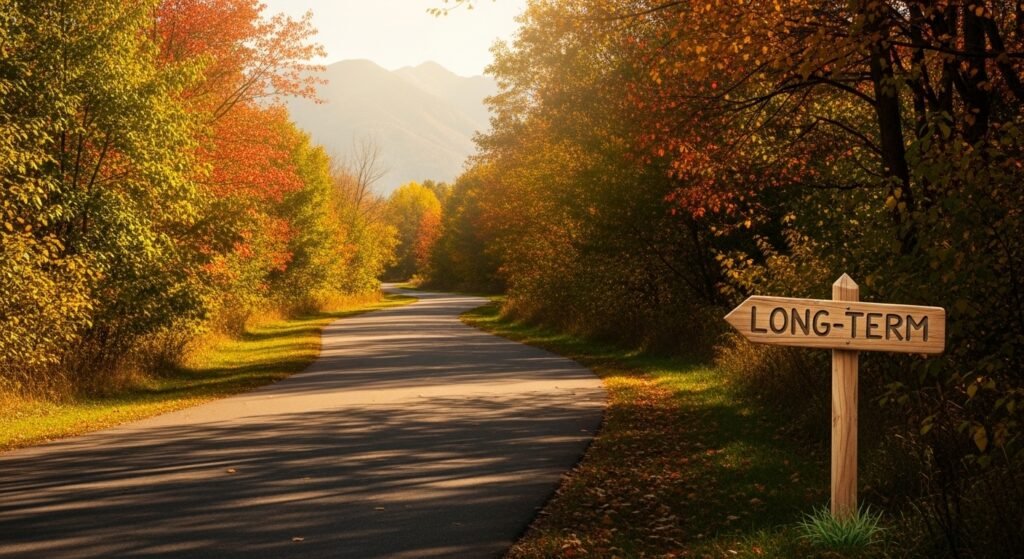  Winding path through an autumn park representing long-term investment strategy.
