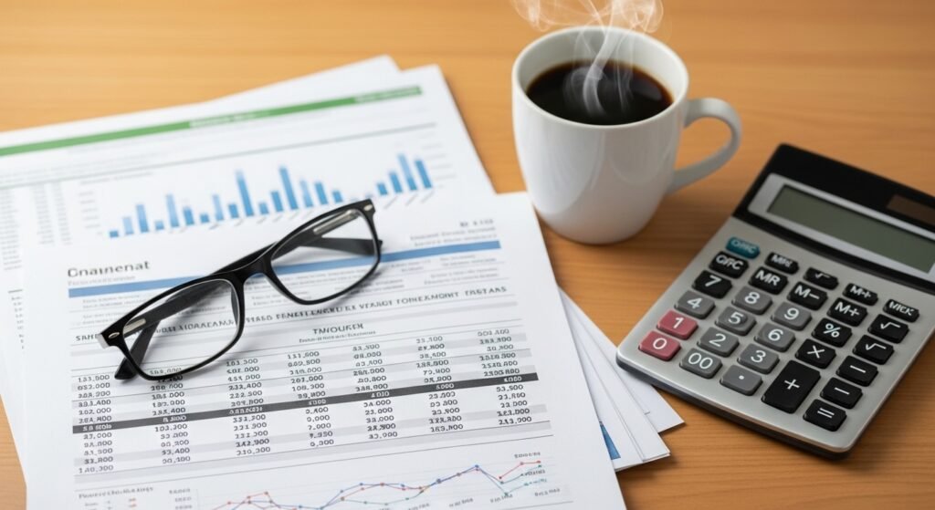financial statements and stock reports on desk with calculator and glasses