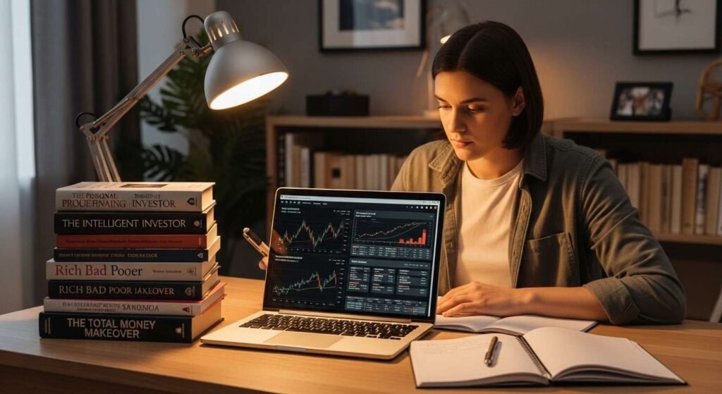 Beginner learning investing and personal finance with books and laptop.