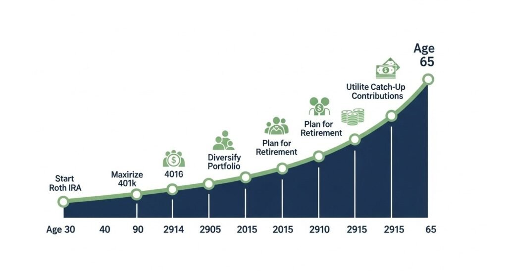 Long-term investment timeline showing wealth growth from age 30 to retirement age 65