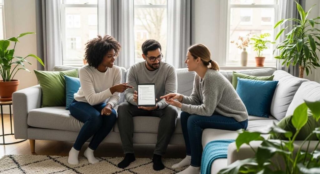 Group of friends discussing financial planning and investing together