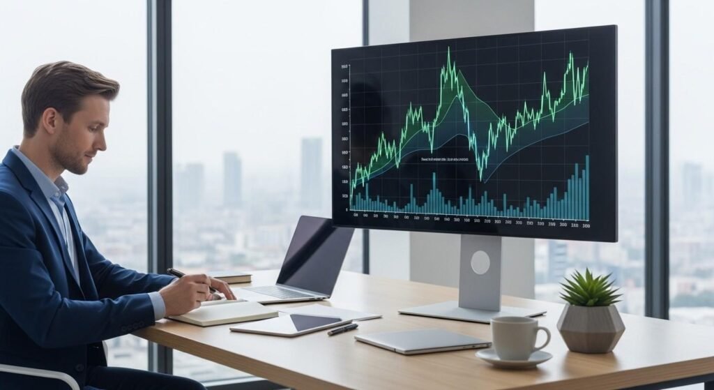 Investor reviewing stock market volatility charts on a computer.