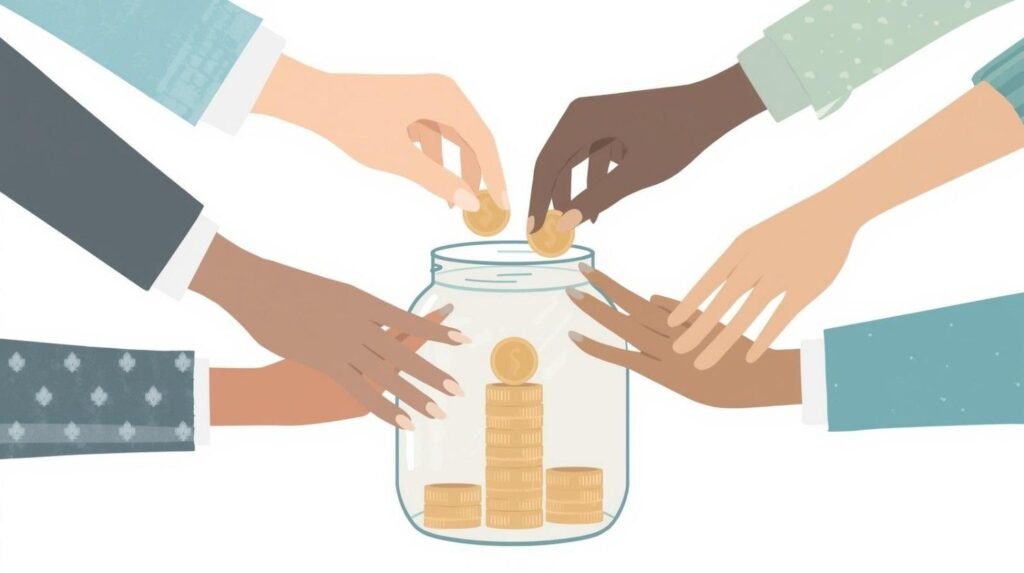 Illustration of people pooling money together for retirement investing