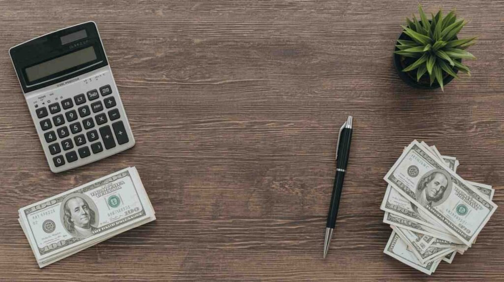 Calculator and money on desk representing low investment fees