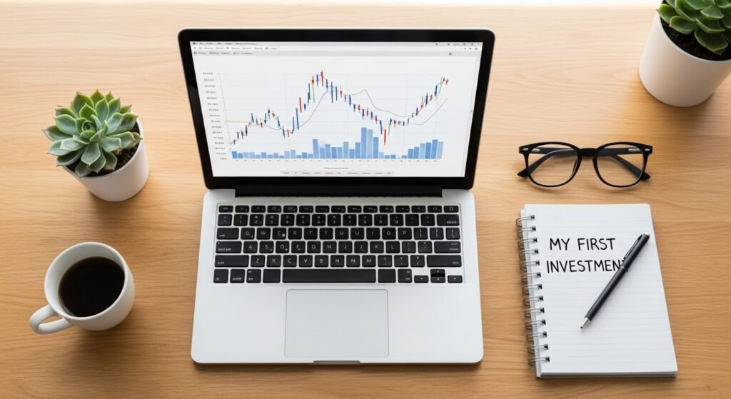 beginner investing setup with laptop and notebook on a desk Investing Without an Advisor