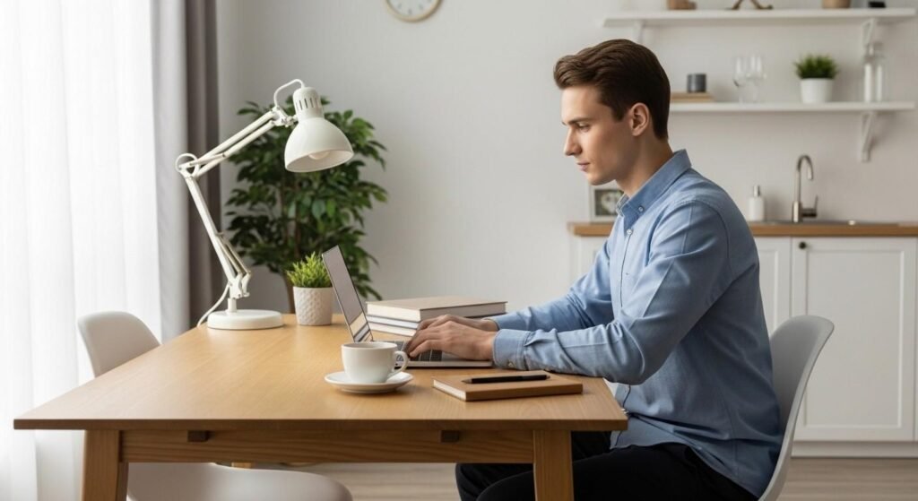 young entrepreneur working on laptop from home office to start a business with little capital