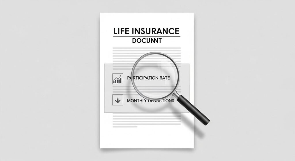illustration explaining iul participation rates and monthly fees with magnifying glass