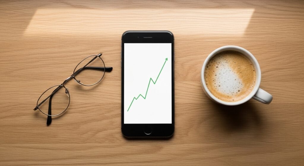 Nasdaq index explained on a smartphone chart with coffee and glasses on a desk.
