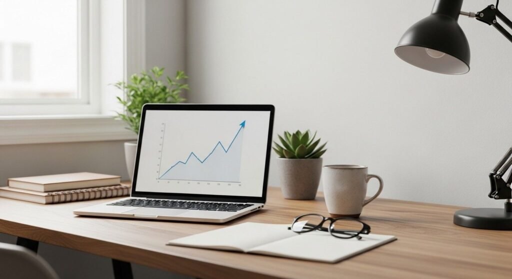 steady capital solutions reviews Modern home office setup with laptop showing investment growth chart for beginner investors