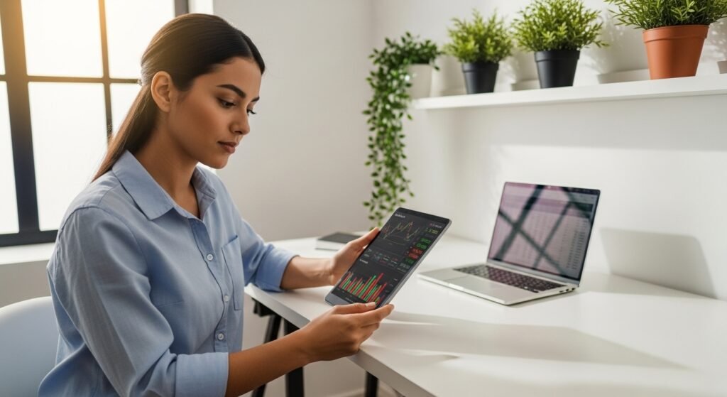 young professional researching stocks on tablet at home desk