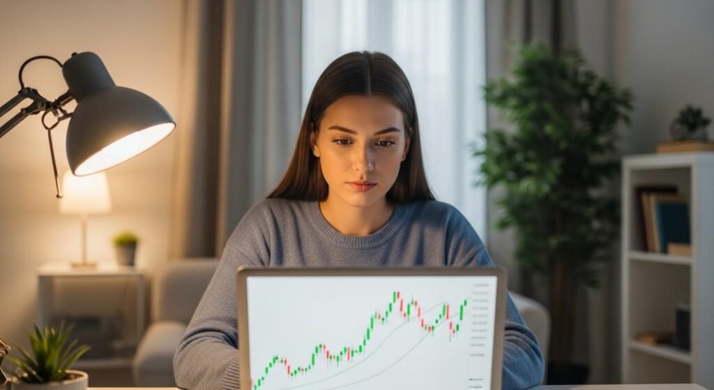 young investor calmly checking stocks during market crash, long-term investing mindset