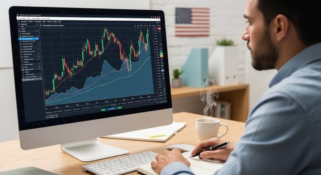 Stock market beginner learning investing basics on a laptop in a modern home office.