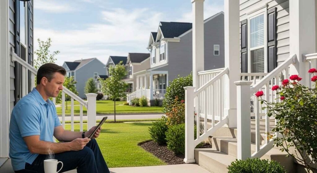 middle-aged man reviewing financial documents on tablet outside suburban home