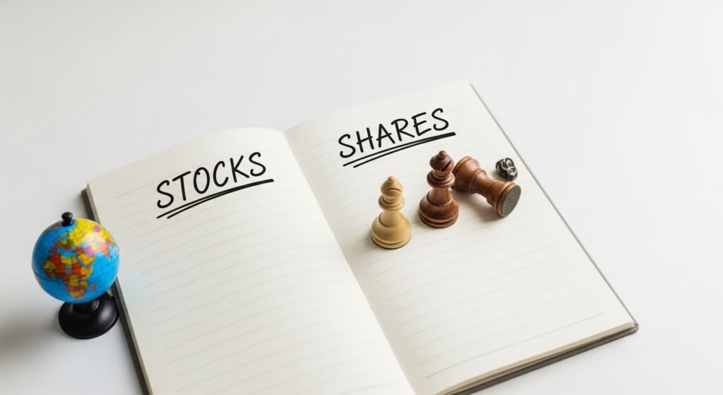 educational flat lay comparing stocks as broad concept and shares as specific units for beginners Between Stocks and Shares