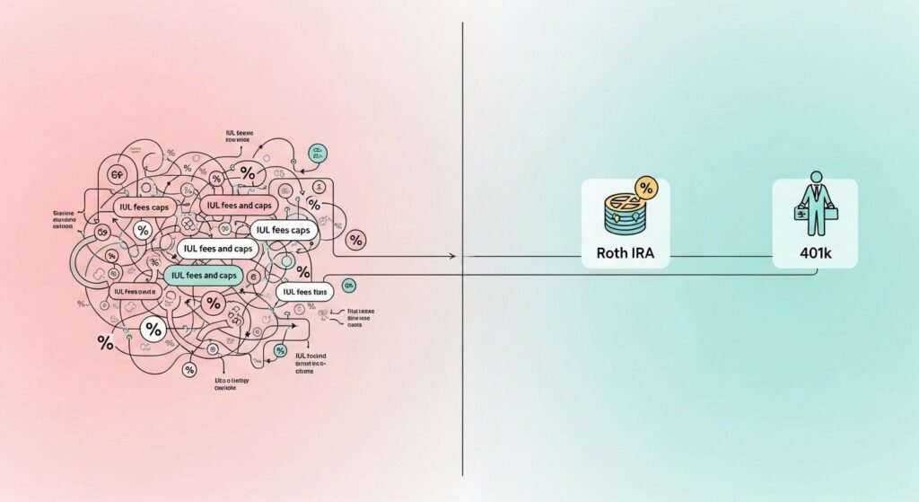 comparison illustration showing iul complexity versus simple retirement accounts like roth ira and 401k Why IUL Is a Bad Investment