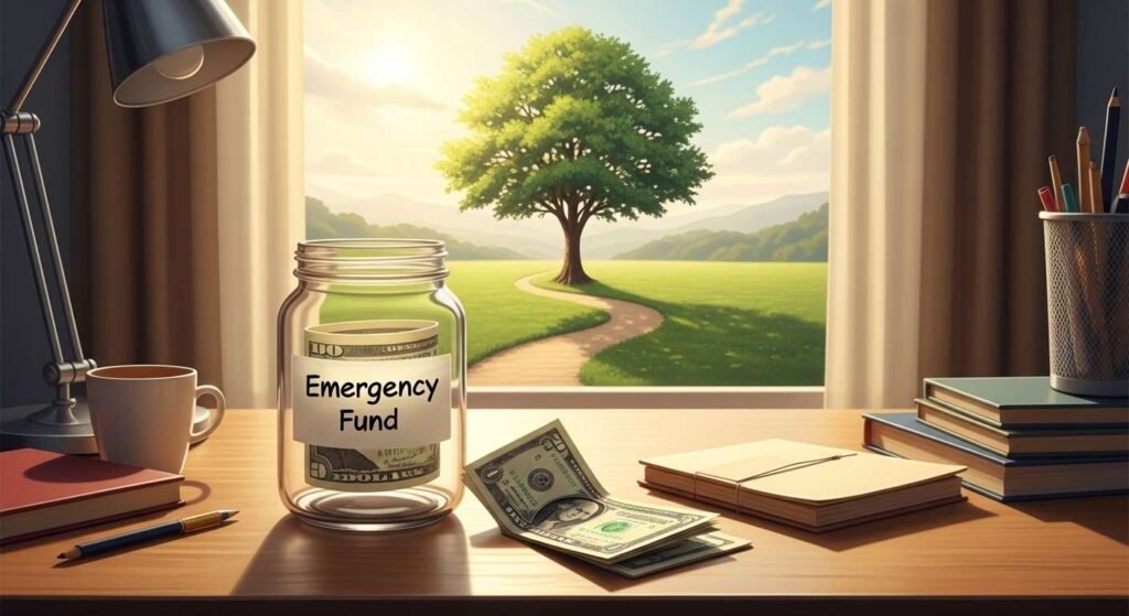 Emergency fund jar on a desk symbolizing safe financial planning for beginners how to get rich with no money
