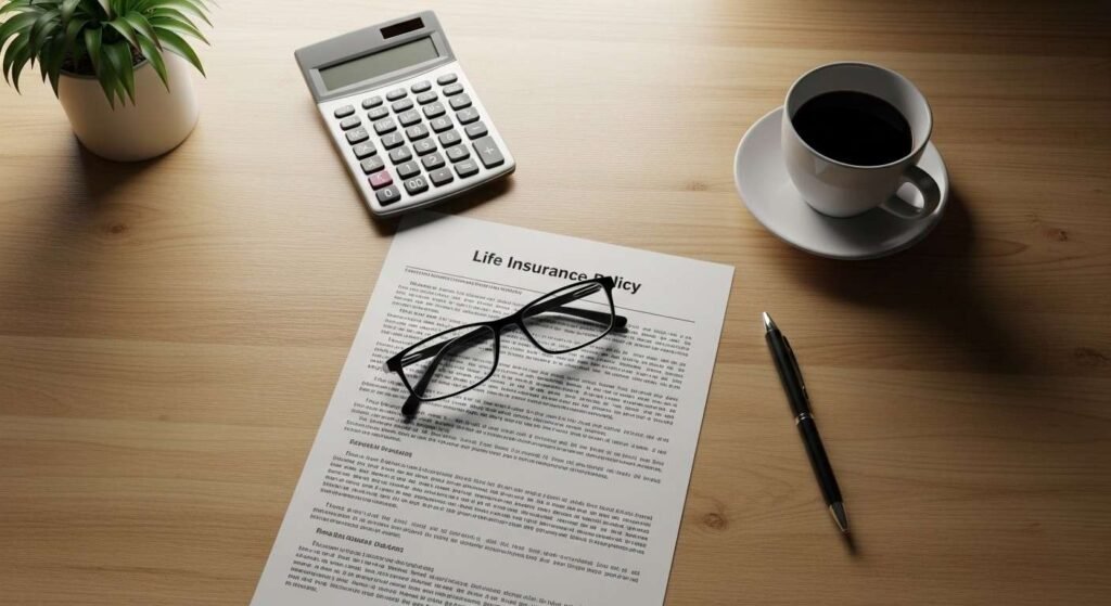 close up of iul insurance contract fine print with calculator and glasses