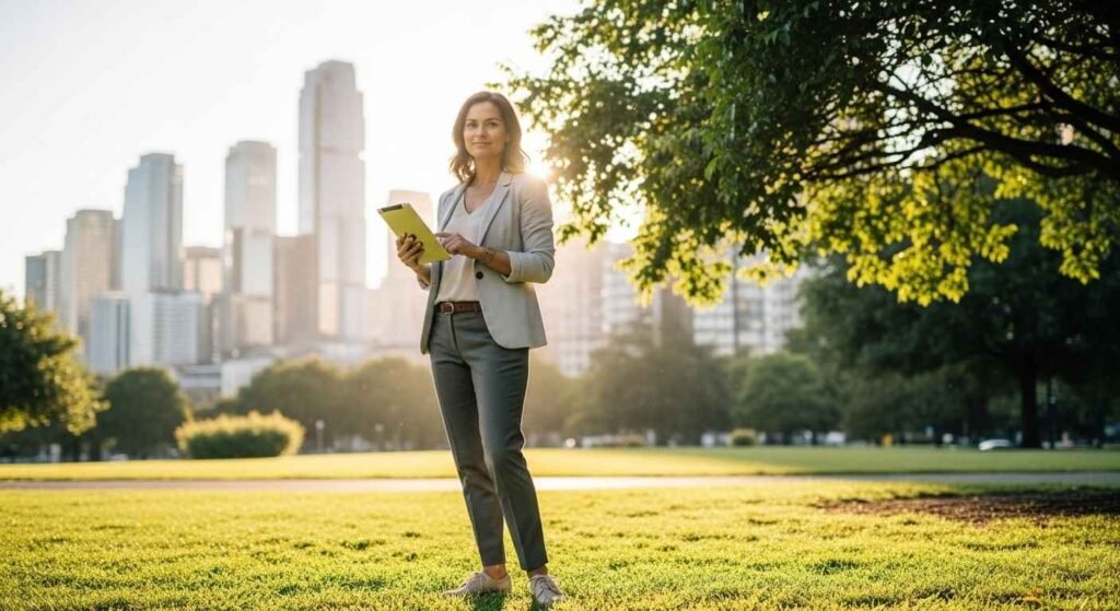 Woman planning financial goals outdoors