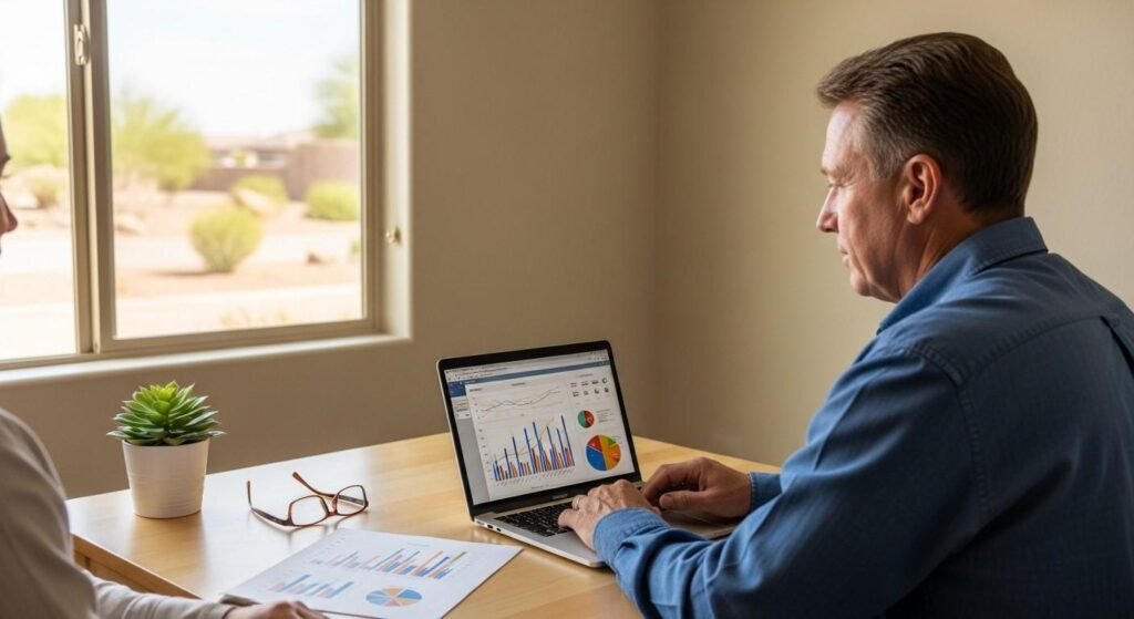 financial advisor discussing indexed universal life policy illustration with client in Phoenix home office