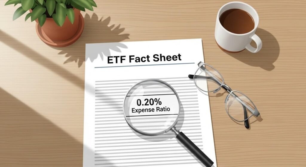 ETF expense ratio highlighted with magnifying glass on fund information sheet Expense Ratio Mean in ETFs
