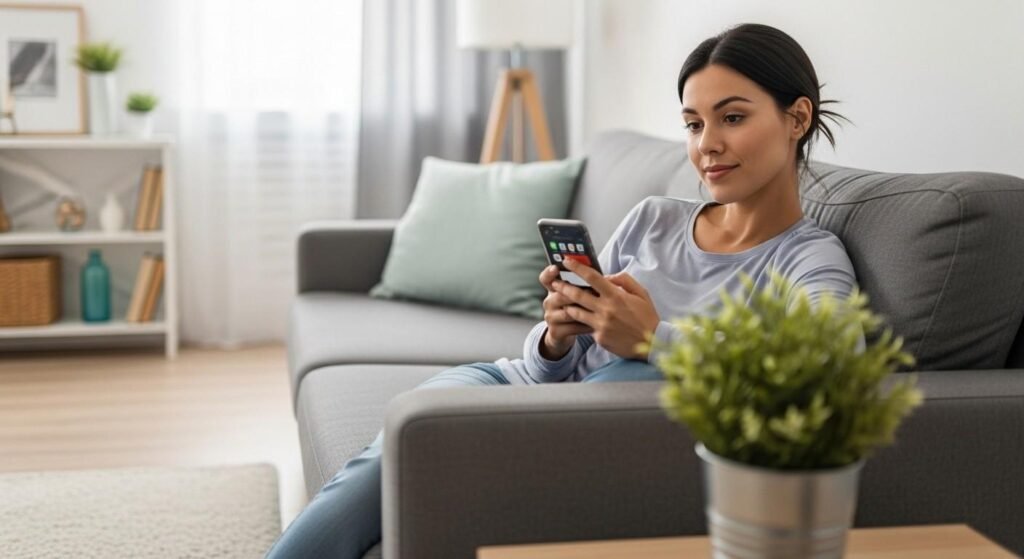 Next Stock Market Crash Prediction (Beginners Get Wrong) woman checking investment app calmly at home thinking about stock market crash preparation