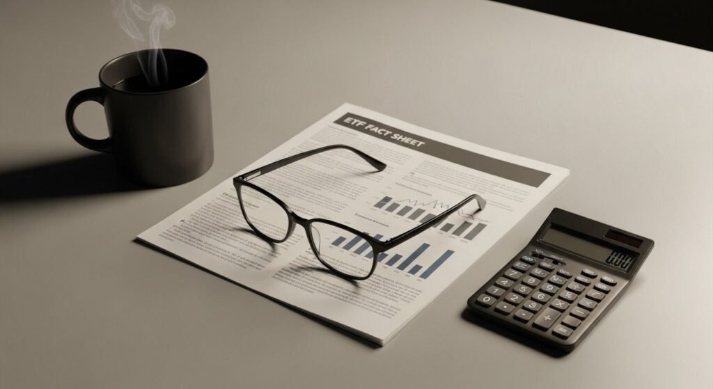 Calculator and ETF fees paperwork showing investment expense details