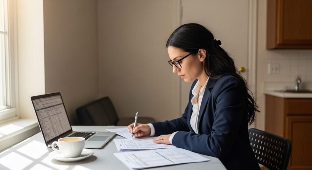 Woman reviewing real estate investment documents and financing options at home.